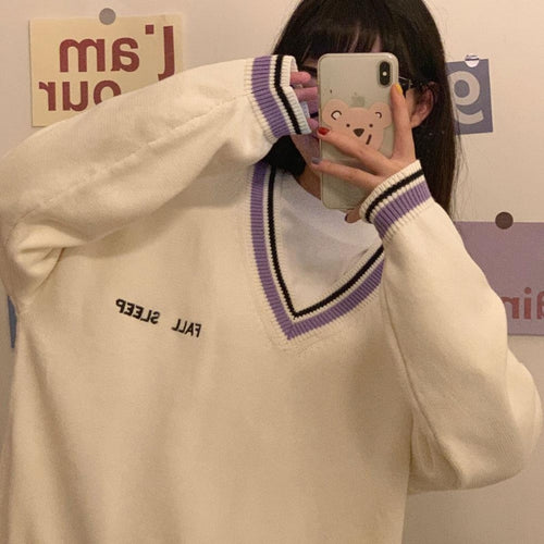Load image into Gallery viewer, Thick Women Sweatshirt Winter Fashion V Neck Embroidery Letter Pullover All Match Loose Long Sleeve Warm Black Tops
