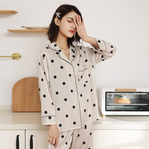 Load image into Gallery viewer, Satin Polka Dot Pajamas Women&#39;s Spring Autumn Thin Long Sleeved Pants Two-piece Set Fashion Casual Home Clothing
