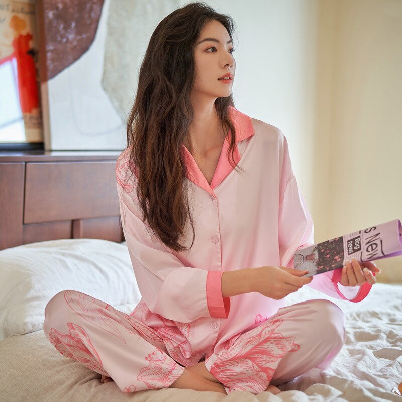 High Quality Women's Pajamas Set Floral Print Faux Silk Nightie Pink Homewear Leisure Simple Sleepwear Loungewear Female