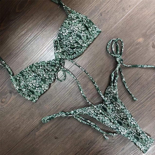 Load image into Gallery viewer, Wrinkled Lace Up Mini Thong Bikini Female Swimsuit Women Swimwear Two-Pieces Bikini set Tie Dye Bather Bathing Suit Swim V2552B
