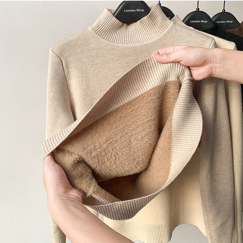 Warm Winter Women Sweater Pullover Thick Plush Knitted Jumper Black Casual Turtleneck Basic Tops Korean Simple Sweater