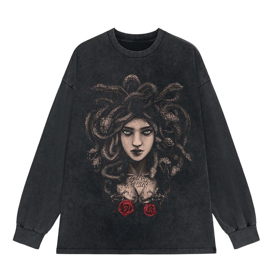 Vintage Washed Tshirts Anime T Shirt Harajuku Oversize Tee Cotton fashion Streetwear unisex top Medusa