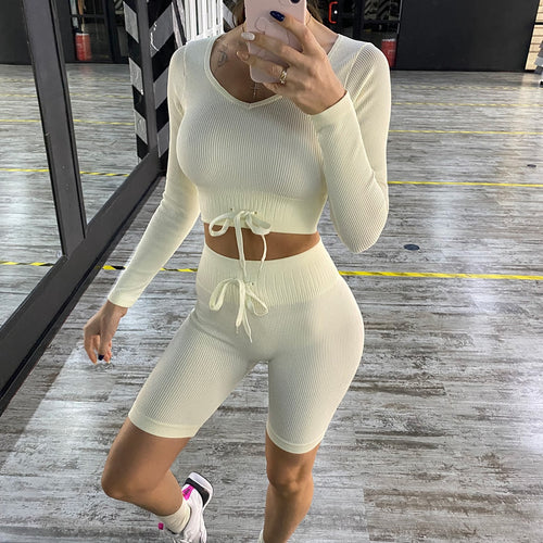 Load image into Gallery viewer, Yoga Set Women&#39;s Sportwear Tops High Neck Vest Drawstring Leggings Shorts Running Sports Pants Workout Outfit Gym Clothing A0642
