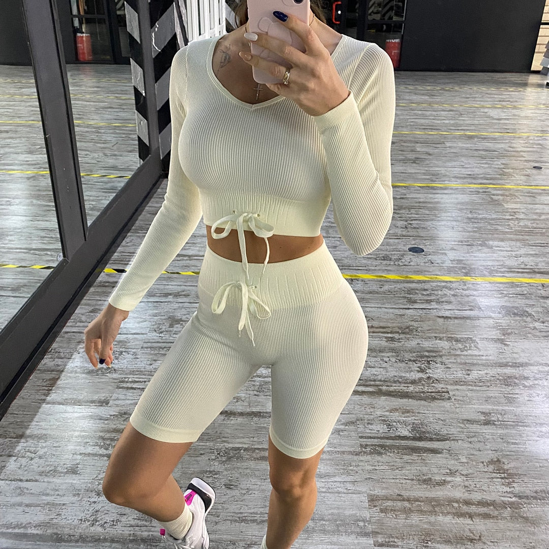 Yoga Set Women's Sportwear Tops High Neck Vest Drawstring Leggings Shorts Running Sports Pants Workout Outfit Gym Clothing A0642