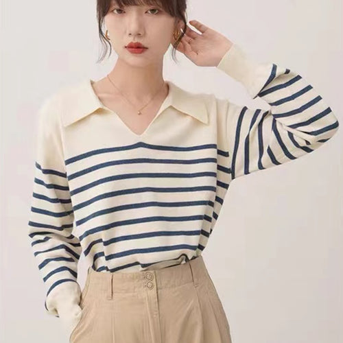Load image into Gallery viewer, Designed Striped Women Sweater Pullover Korean V Neck Loose Jumper Long Sleeve Fall Office Ladies Blue Sweater
