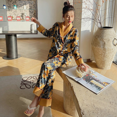 Load image into Gallery viewer, Spring Autumn Pajamas Women&#39;s Thin Silk Like Loose Lapel Long-sleeved Trousers Suit Large Korean Home Clothing Set
