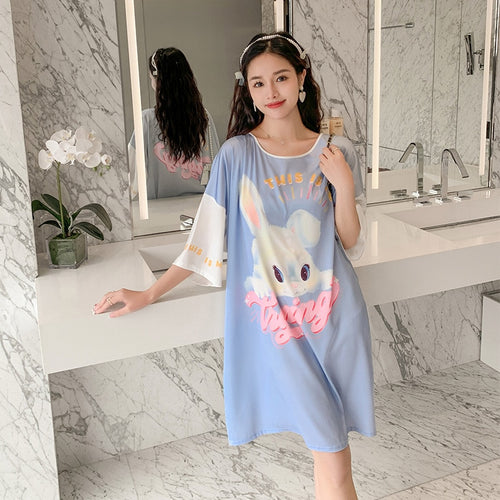 Load image into Gallery viewer, Satin Nightwear Women Short Sleeve Silk Sleeping Dress Casual Sweet Girl Loose Nightdress Summer Mid Length Pajama Skirt
