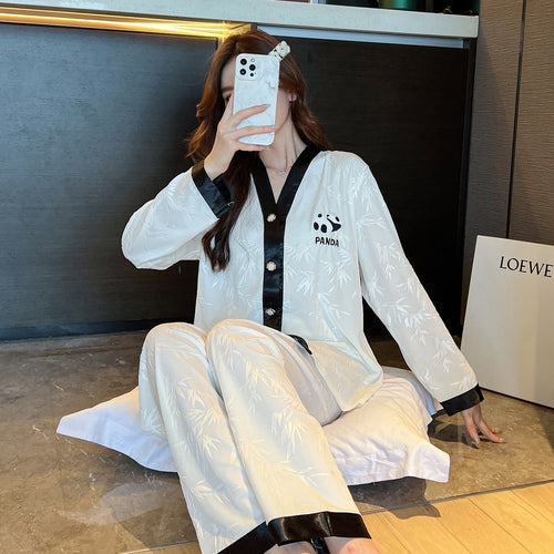 Load image into Gallery viewer, Women&#39;s Pajamas Set Velvet Panda and Bamboo Pattern Sleepwear Casual Homewear V Neck Nightwear Pyjama Femme Petite
