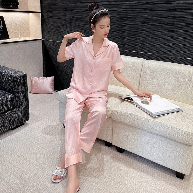 Women's Pajamas Silk Like Summer Short Sleeve Pants Cardigan Thin Cool Set Comfortable Oversized Printed Homewear