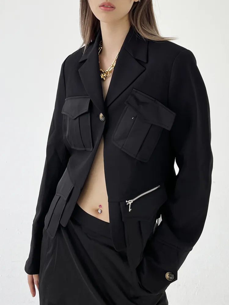 Patchwork Zipper Blazers For Women Lapel Long Sleeve Single Button Slim Temeprament Blazer Female Fashion