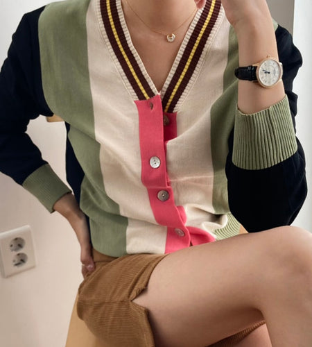 Design Striped Women Cardigan Sweater Korean V Neck Button Up Winter Thin Jacket Long Sleeve Knit All Match Female Jumper