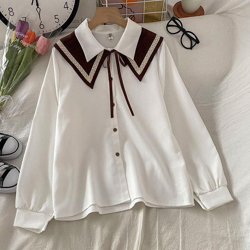 Load image into Gallery viewer, Sweet Peter Pan Collar Women Shirts Fashion Button Up Lace Up White Shirt Loose Designed Student Fall Long Sleeve Tops
