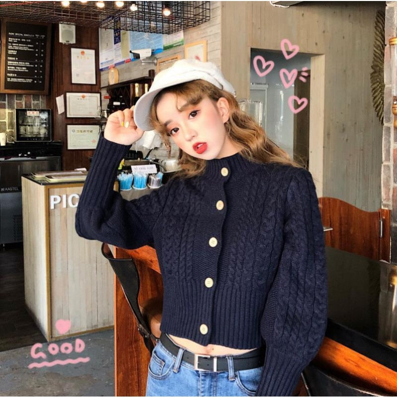 Twisted Fashion Women Cardigan Sweater Fall Casual Stand Collar Button Up Female Knitted Short Coats Student Slim Tops