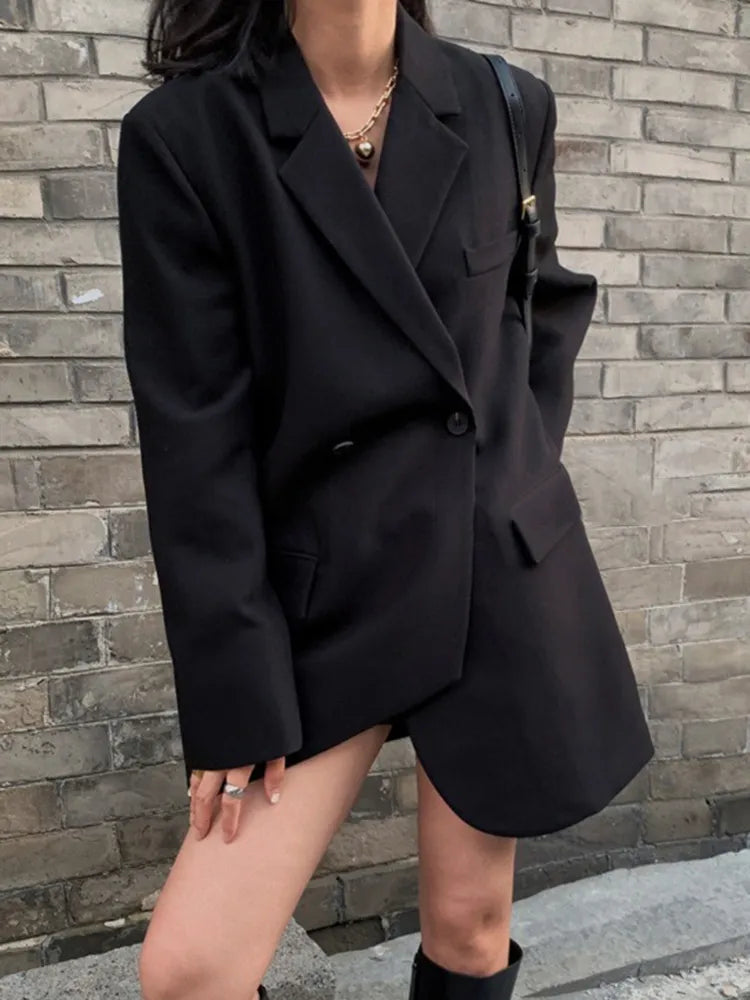 Black Asymmetrical Blazer For Women Notched Collar Long Sleeve Solid Minimalist Blazers Female Autumn Clothing