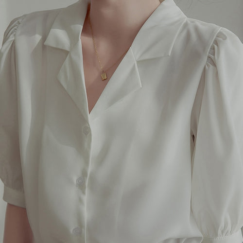Load image into Gallery viewer, Chiffon Women Shirts Designed Summer Puff Sleeve V Neck White OL Vintage Tops Button Up Casual Slim Female Blouse

