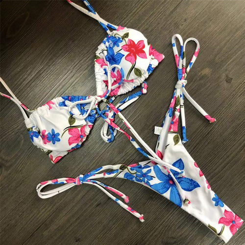 Load image into Gallery viewer, Wrinkled Lace Up Mini Thong Bikini Female Swimsuit Women Swimwear Two-Pieces Bikini set Tie Dye Bather Bathing Suit Swim V2552B
