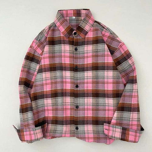 Load image into Gallery viewer, Vintage Plaid Shirts Fashion Button Up Spring Shirt Long Sleeve Turn Down Collar Tops Loose Oversize Ladies Tops
