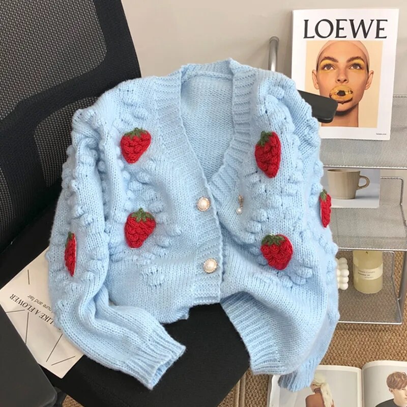 Fashion 3D Strawberry Women Cardigan Winter Elegant Pearl Button Casual V Neck Ladies Knitted Sweater Long Sleeve Coat