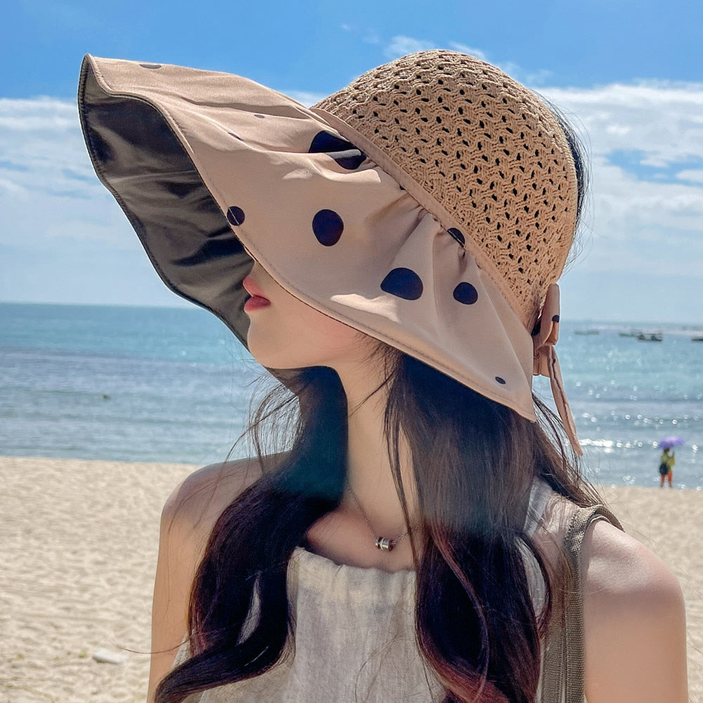 Summer Hats For Women Fashion Polka Dot Pattern Design Straw Hat  Empty Top Sun Hat Travel Beach Hat