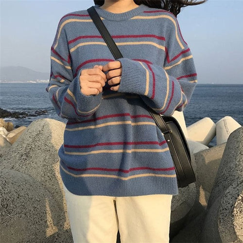 Load image into Gallery viewer, Casual Striped Women Sweater Pullover O Neck Knitted Jumper Winter Thick Student Winter Thick Tops Loose Female Sweater
