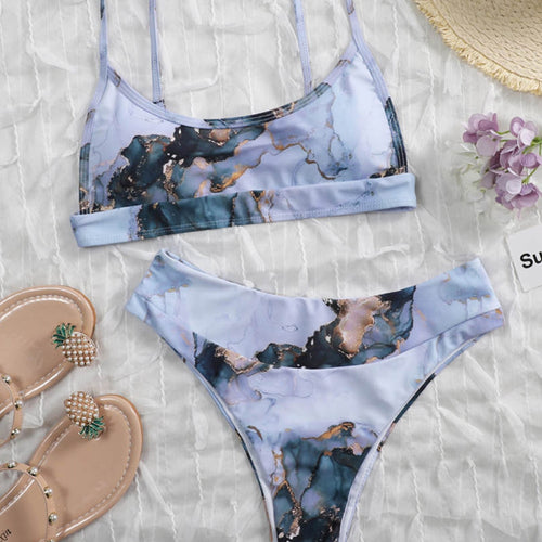 Load image into Gallery viewer, Marble Printed Female Swimsuit Bikini Women Swimwear Two-pieces Bikini set Padded Mid Waist Bather Bathing Suit Swim Lady V2942
