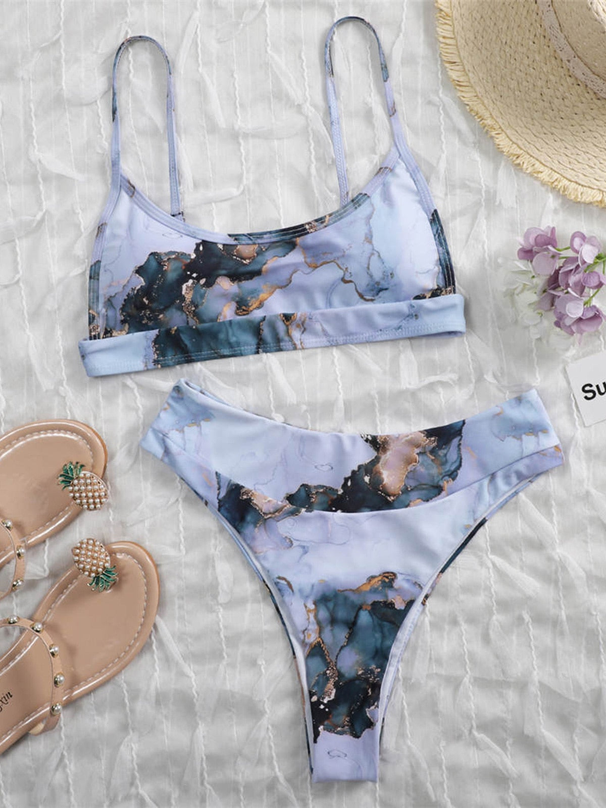 Marble Printed Female Swimsuit Bikini Women Swimwear Two-pieces Bikini set Padded Mid Waist Bather Bathing Suit Swim Lady V2942