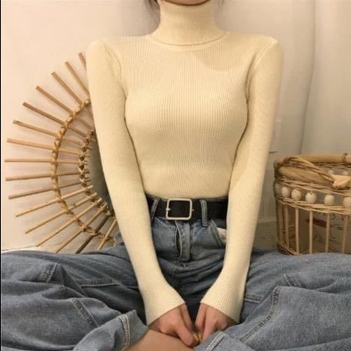 Load image into Gallery viewer, Soft Women Pullover Sweater Elastic Long Sleeve Knitted Jumper Fall Turtleneck Black Black
