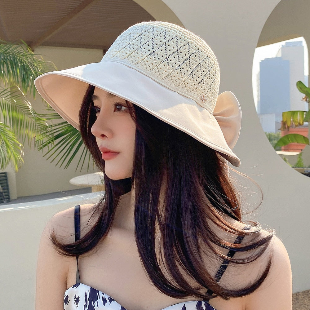 Women Summer Hats Outdoor Fashion Bow Design Hollow Straw Hat Sunshade UV Protection Sun Hat Travel Beach Hat
