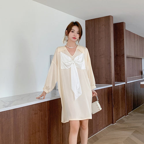 Load image into Gallery viewer, Women&#39;s Pajamas Dress Silk Like Leisure Homewear Skirt Turn-down Bow Collar Dress Sleepdress Wear Outside Holiday
