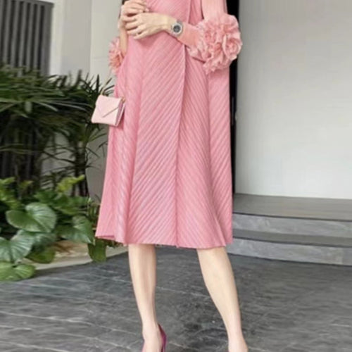 Load image into Gallery viewer, Spring Folds Dresses For Women Half High Collar Puff Sleeve High Waist Oversize Midi Dress Female Fashion Clothes
