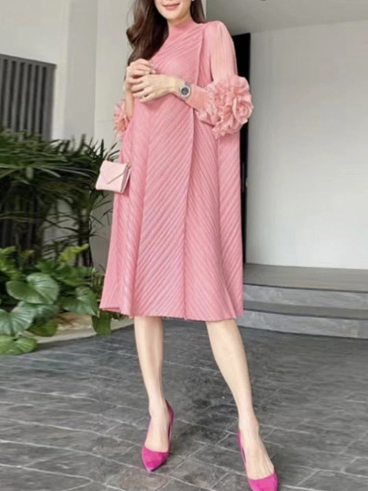 Spring Folds Dresses For Women Half High Collar Puff Sleeve High Waist Oversize Midi Dress Female Fashion Clothes