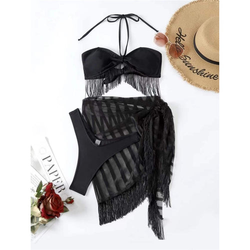 Load image into Gallery viewer, Sexy With Sarong Fringe Tassel Bikini Female Swimsuit Women Swimwear Three-pieces Bikini set Bather Bathing Suit Swim Lady V4078
