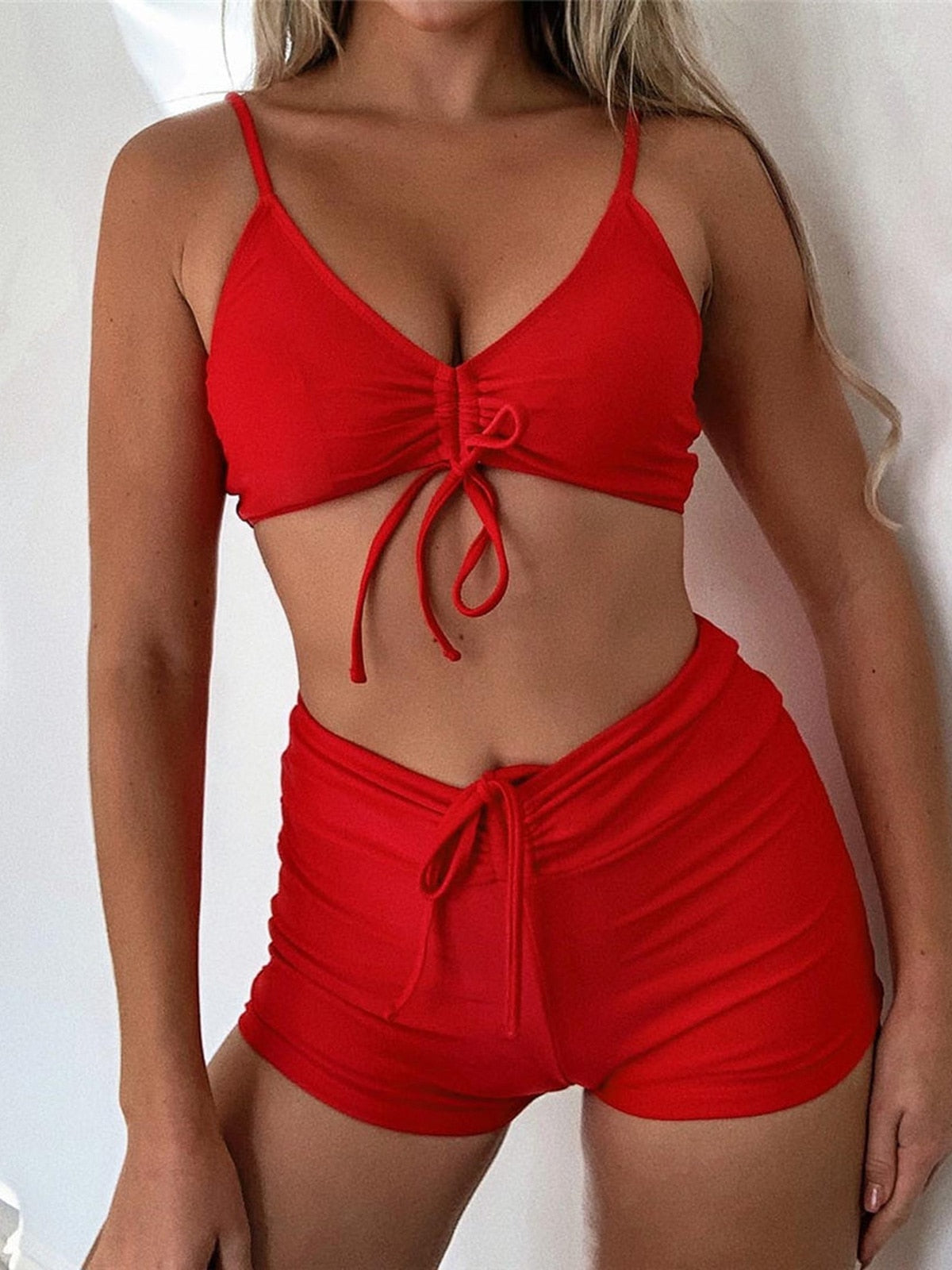 Sexy Lace Up High Waist Bikini Female Swimsuit Women Swimwear Two-pieces Bikini set Bather Bathing Suit Swim Sportwear V2723R