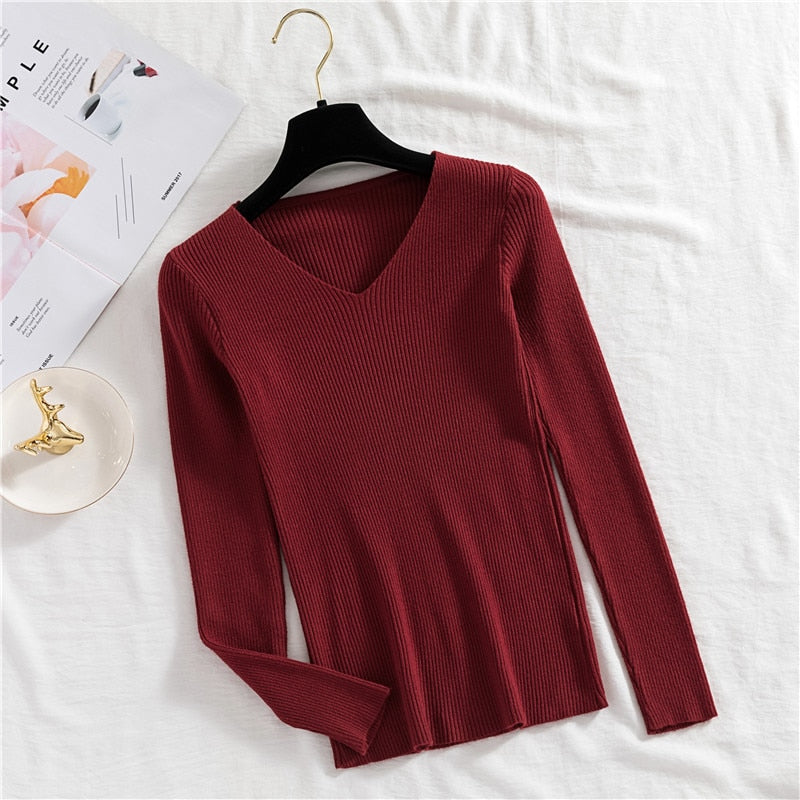 Sexy V Neck Women Pullover Sweater Fashion Autumn Winter Long Sleeve Knitted Jumper Top Casual Korean Slim Basic Blouse