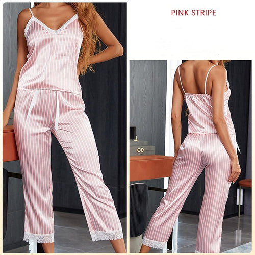 Load image into Gallery viewer, Women&#39;s Pajamas Set Stripes Silk Like Homewear Casual Sling top and Pants Nightwear Elegant Home Clothes Sleepwear Femme
