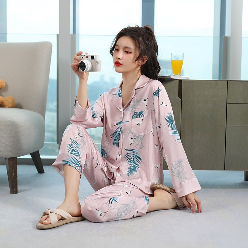 Spring Autumn Fashion Women's Imitation Silk Pajamas Long Sleeve Pants Two Piece Set Lapel Pink Print Thin Homewear