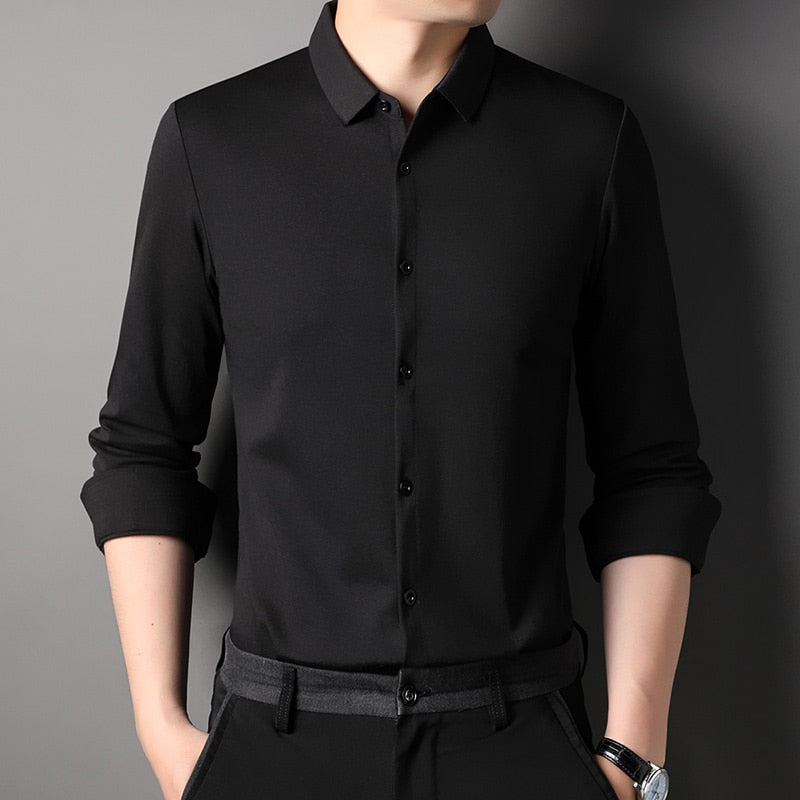 Top Grade Mulberry Silk 5.2% New Slim Fit Fashion Designer Brand Luxury Men Shirts Long Sleeve Plain Casual  Mens Clothes