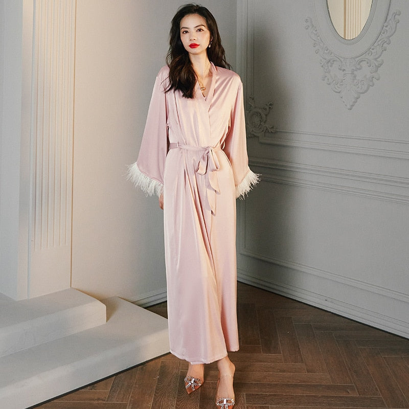 High Quality Women's Pajamas Robe Feather Cuff Sleeprobe Luxury Style Silk Like Casual Homewear Nightgown пижама женская