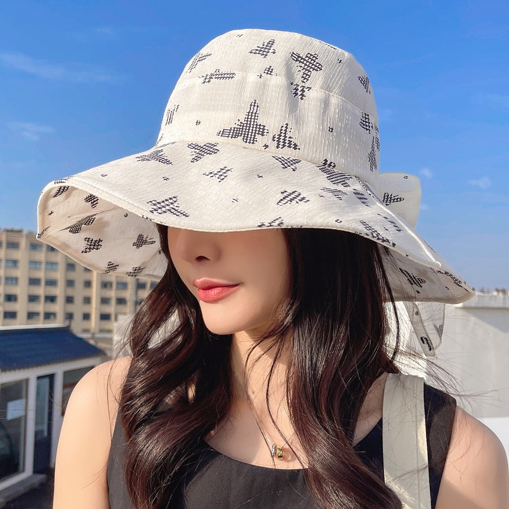 Women Summer Sun Hat Fashion Bow Butterfly Print Sun Cap Female Outdoor Sun Protection Travel Beach Bucket Hat