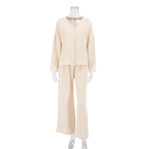 Load image into Gallery viewer, V-neck Long-sleeved Pajamas Women&#39;s Cotton Linen Home Suit Fashion Loose Shirt High Waist Wide Leg Pants Two-piece Set
