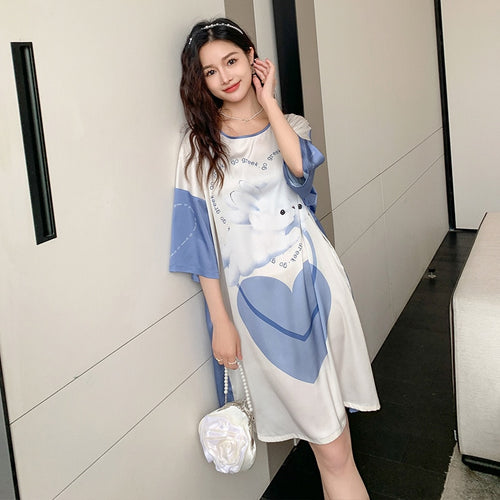 Load image into Gallery viewer, Satin Nightwear Women Short Sleeve Silk Sleeping Dress Casual Sweet Girl Loose Nightdress Summer Mid Length Pajama Skirt
