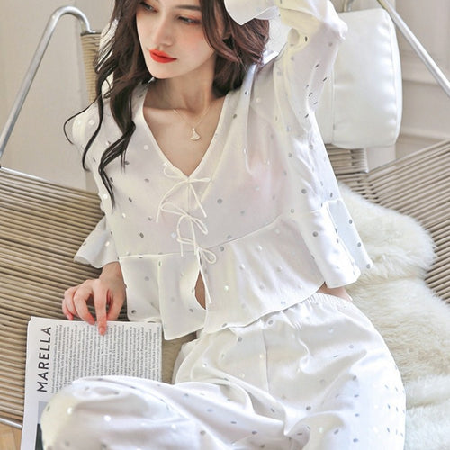 Load image into Gallery viewer, Spring Summer Imitation Silk Pajamas Women&#39;s  V-Neck Long Sleeve Pants Two Piece Set Polka Dot Printing Home Clothing
