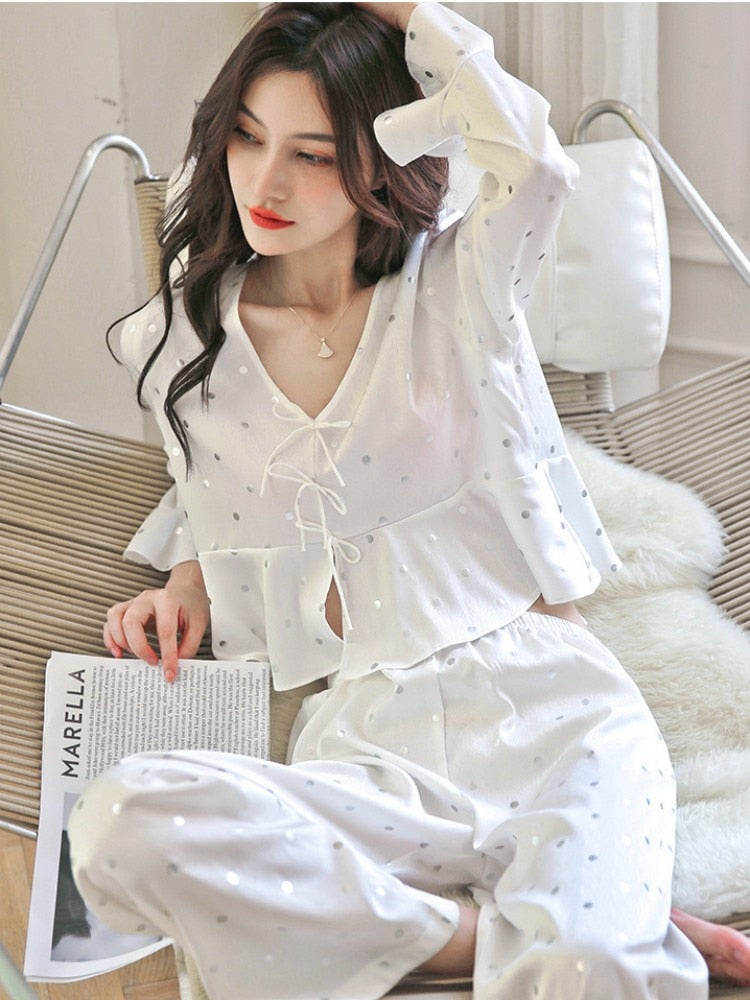 Spring Summer Imitation Silk Pajamas Women's  V-Neck Long Sleeve Pants Two Piece Set Polka Dot Printing Home Clothing