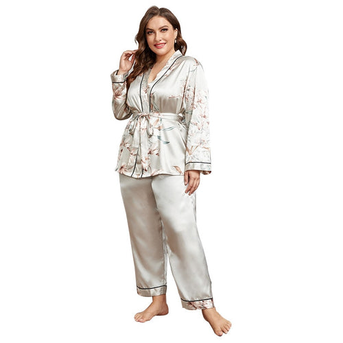 Load image into Gallery viewer, Plus Size Women&#39;s Pajamas Set Floral Print Free Sleepwear Silk Like Homewear Elegant V Neck Nightwear with 4XL 5XL
