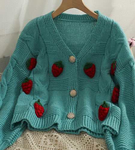 Twisted Women Knitted Cardigan Fashion 3D Strawberry Loose Sweet Sweater Fall Cute V Neck Thick Ladies Sweater Coats
