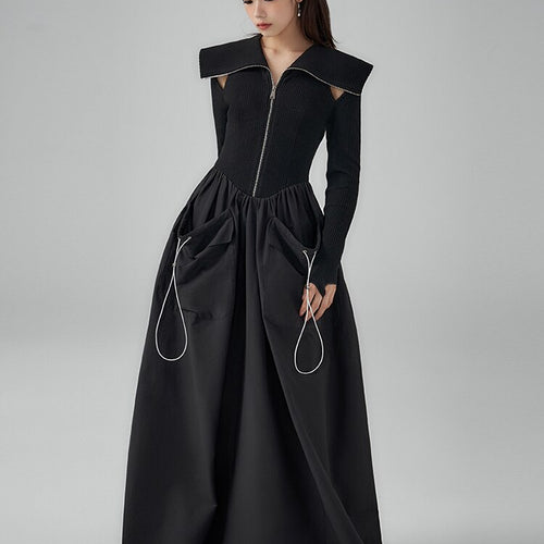 Load image into Gallery viewer, Hollow Out Patchwork Drawstring Dresses For Women Lapel Long Sleeve High Waist Folds Knitting Black Dress Female
