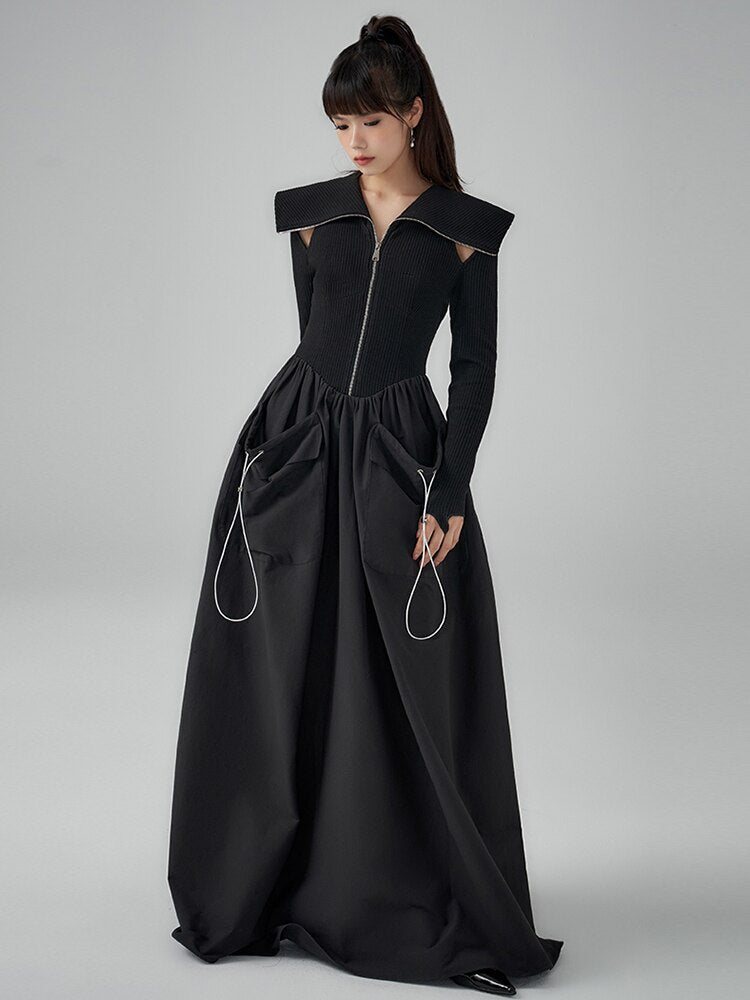 Hollow Out Patchwork Drawstring Dresses For Women Lapel Long Sleeve High Waist Folds Knitting Black Dress Female