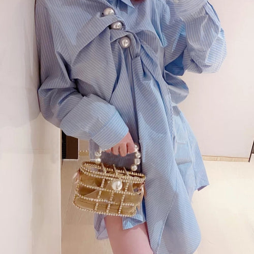 Load image into Gallery viewer, Casual Patchwork Pearl Dress For Women Lapel Long Sleeve Irregular Striped Shirt Dresses Female Fashion Spring
