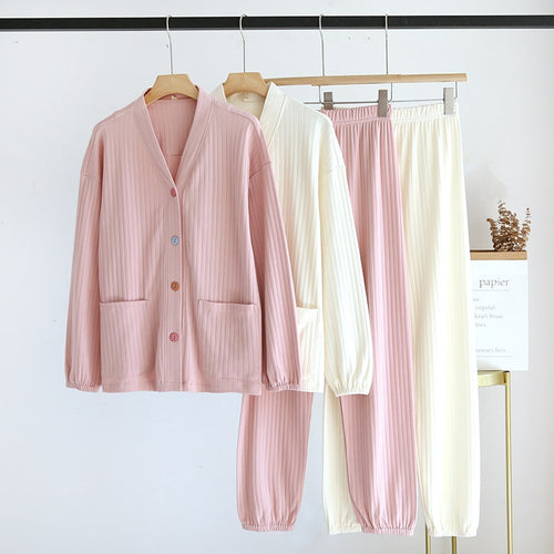 Load image into Gallery viewer, Women&#39;s Pit Stripe Cotton Pajamas Comfortable Long-sleeved V-neck Spring Autumn Loose Solid Color Cardigan Homewear Suit
