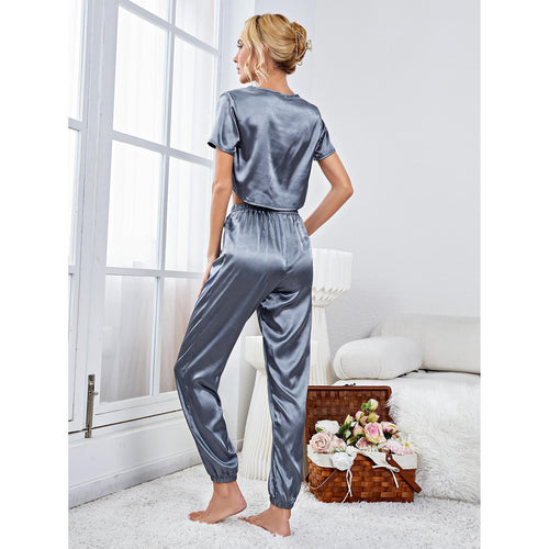 Load image into Gallery viewer, Women&#39;s Pajamas Set Short-sleeve Crop Top Casual Sweatpants With Cuffed Sleepwear Silk Like Nightwear Homewear Femme
